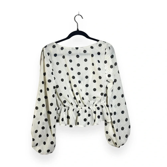 Emory Park Puff Sleeve Tie Front Polka Dot Blouse in White and Black Size S - Picture 12 of 14
